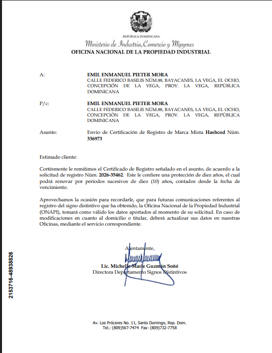 Envío de Certificación de Registro de Marca ONAPI