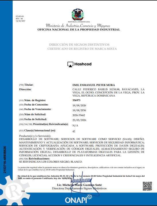 Certificado ONAPI de Registro de Marca Mixta Hashcod